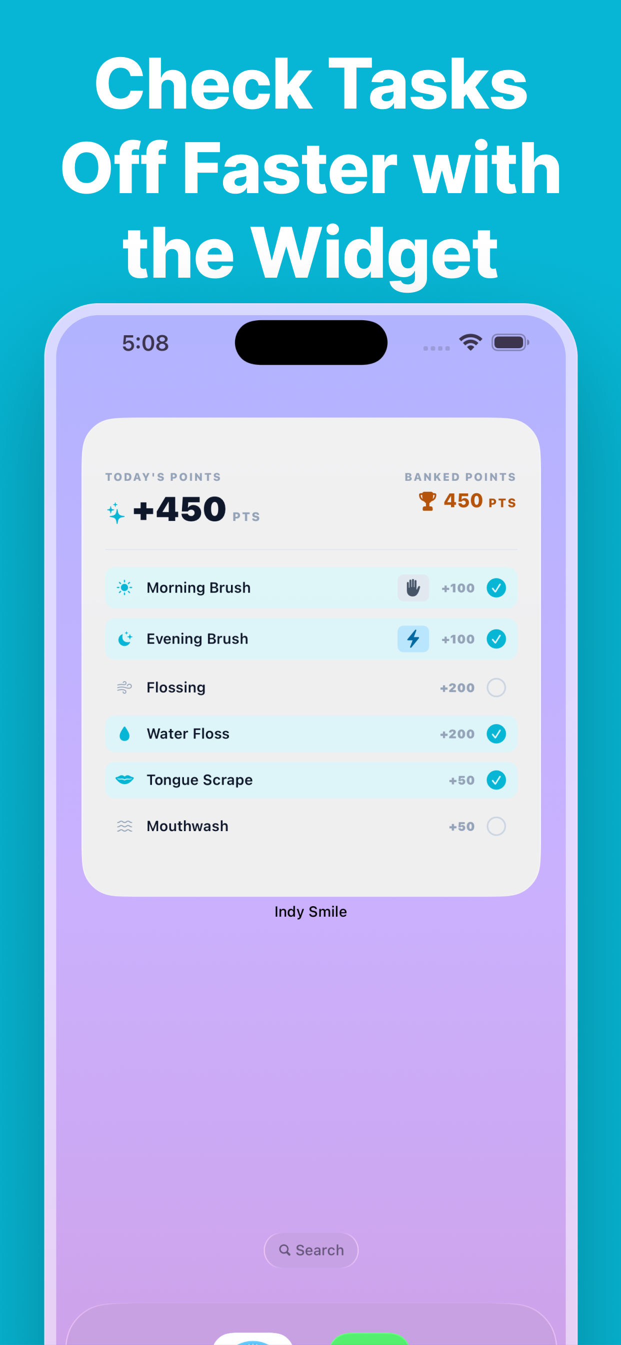 Screenshot of Indy Smile Widget interface with tasked checked off and points accumulated.